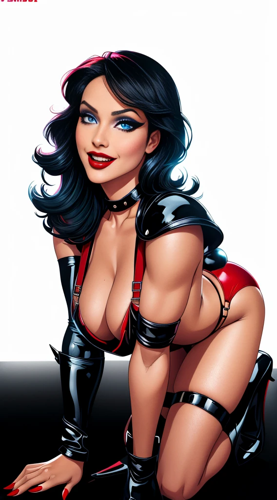 Sexy Hermaphrodite, Plump, pursed lips, Smooth Skin, Blonde with bangs..Crystal blue eyes with smoky eyeshadow and black eyeliner, Black semi-matt lipstick, Dark Skin, A frivolous, proud smile, Black Hair.Full body image、Plain white background、Red thigh-high boots with red stiletto heels.Red harness.Full body angle from the side、All fours pose、BDSM、Pin-up girl style