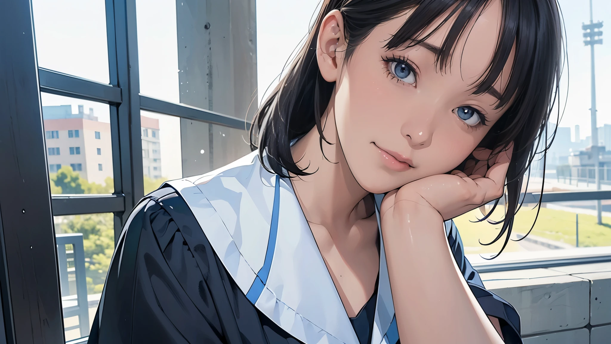Ultra HD、super high quality、masterpiece、Contest Winner、detailed、8K、16K,The location is on a quiet city street、Schoolgirl1Person listening to music on headphones、15-year-old high school girl、1 Female、そのロシア人で髪の毛は黒色のロング、Has blue eyes、Has a glamorous figure、Her chest size is 78cm~Approximately 85cm, randomly generated by AI、Breast size is randomly generated by AI and ranges from B cup to C cup.、The basic style of clothing worn is a school uniform or sailor uniform, with the design and color chosen randomly by AI.、The location and background are basically in the city, but the AI can also randomly create them.、Sexy vibe、Lo-Fi images,The background is blurred、Nostalgic and relaxing atmosphere、Weather and time settings are also randomly generated by AI.