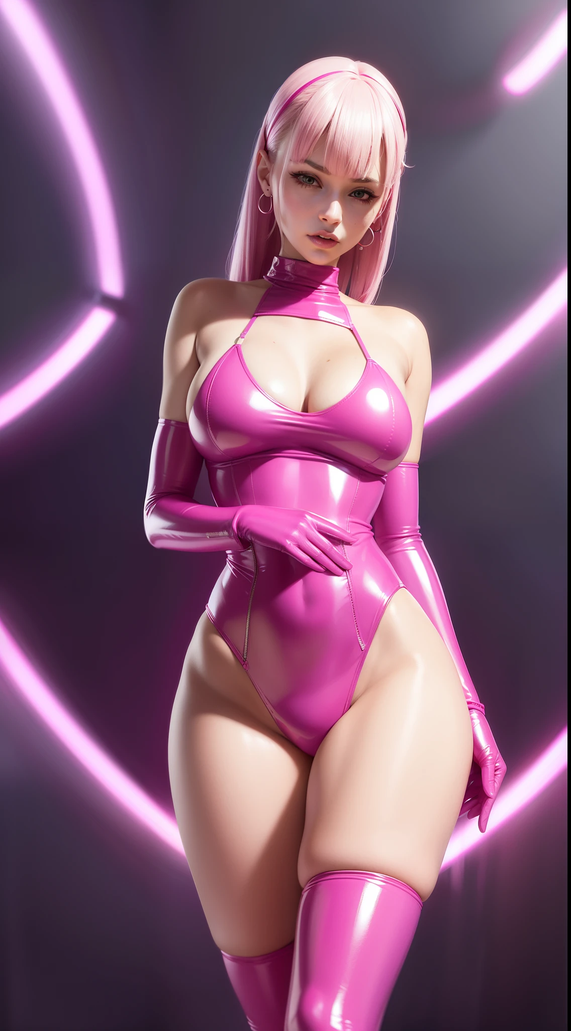 pink dominatrix concept, portrait picture Unreal Engine 5 8K UHD of beautiful female, full pink latex, straight blunt bangs hair, pink tight latex , earrings, pink latex body straps, pink latex long sock, pink latex long glove, futuristic design, beautiful make up, best quality, masterpiece, breasts