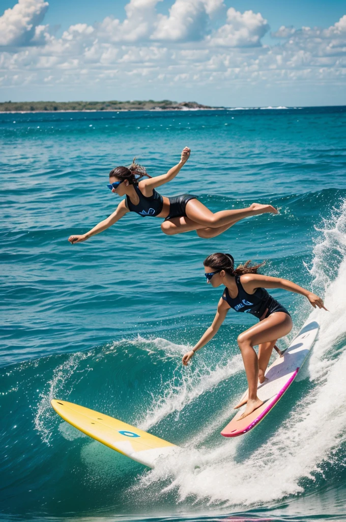 girl , hyper realistic with surf clothes,using a radio control , driving drone in the water