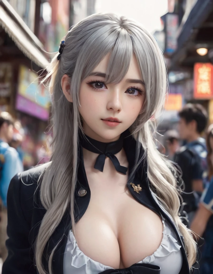 BREAK Perfect Anatomy、(High resolution:1.2)、Incredible illustrations、(Cute illustrations:1.2),(yuri,)(Beautiful background,)(from below,dutch angle) 2gial(((blonde hair,shiny hair,hair intakes:1.8,long hair)(doyagao)(Black coat,ゴシック・ータ風Combat Uniform,,garter straps,Eye patch:1.5),(a girl, ,height 1.7meters, 40kg),,17-year-old,flat chest))((gradient grey hair,shiny hair,hair intakes:1.4,long hair:1.5,Dark Skin:1.6)(Black coat,Combat Uniform,,garter straps,Eye patch),(a girl,flat chest,1.5meters, 40kg),,17-year-old,flat chest)) Cosplayer surrounded by people