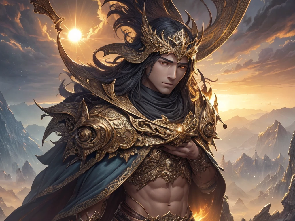 ((highest quality)),(ultra high resolution),(Super detailed),(detailed description),((best CG)),(best work of art),super precision art,amazing drawing art,(Fantasy art with precise details:1.5), The sun that lost its power,Even the plants hang their heads weakly.,A rotten wind blows through, A male figure with a while cloak, skin is a galaxy, no eyes, no face, no mouth, holding a galaxy book.