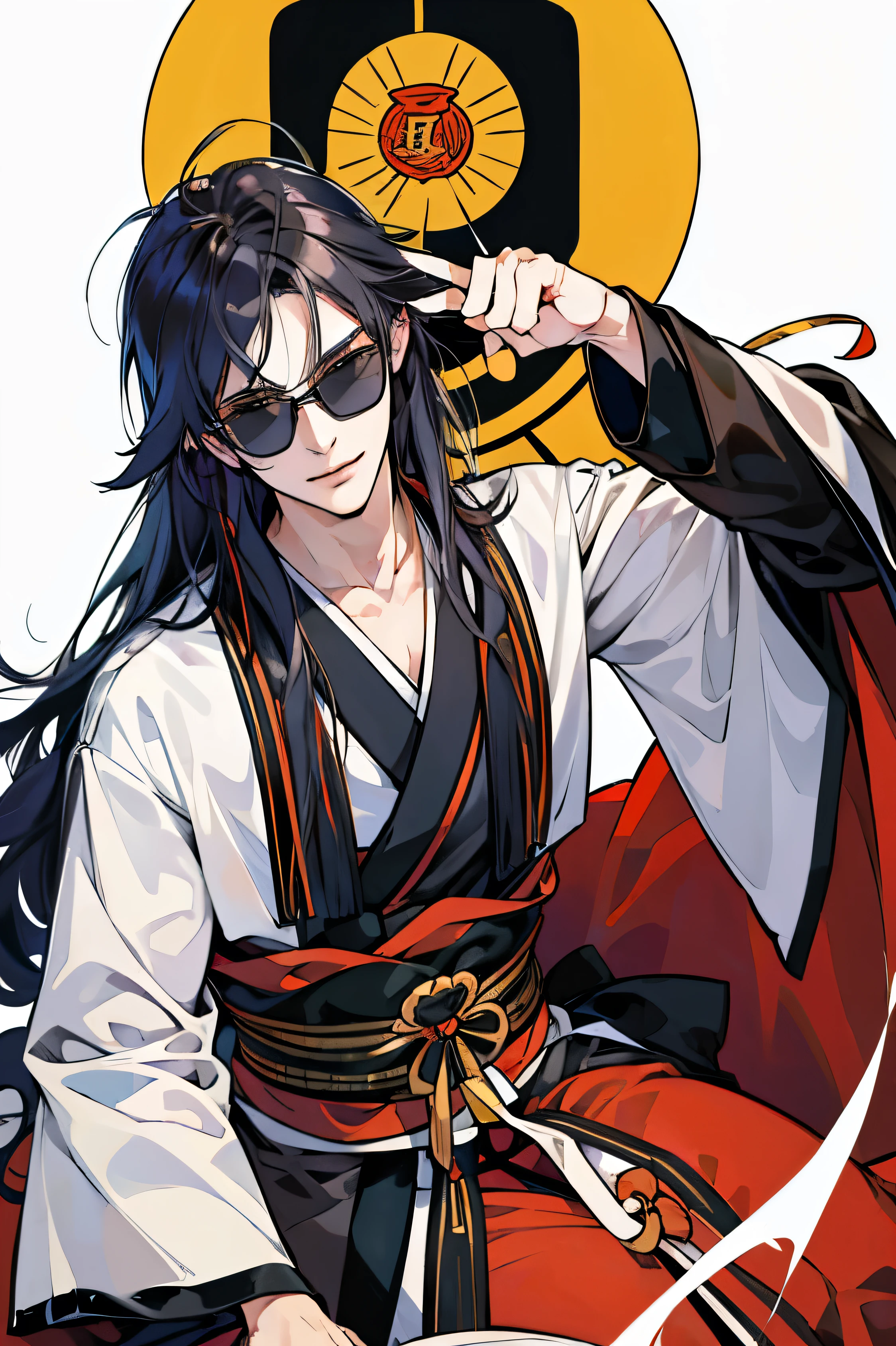 ((masterpiece,best quality)),1 Boy,Solitary, (((Nishiki Chisato))), Long hair, Black hair, Black glasses，sunglasses，Taoist cap子，Solitary, White robe, Wear small round frame sunglasses, Long sleeve, Taoist cap，permanent, Taoist robes，Evil smile, Flowing hair, Hook of Holland, Look away，