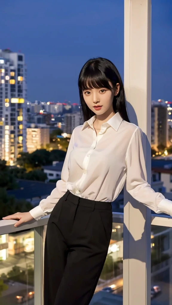 A young Korean woman with black hair, pale skin, thin body. She is wearing a chic white shirt and chic pants. She is looking at the viewer, and her easy expression is sensual. Full body. The setting is an apartment balcony with the city at night in the background. Masterpiece, high quality. She is sensual, beautiful, but chic.