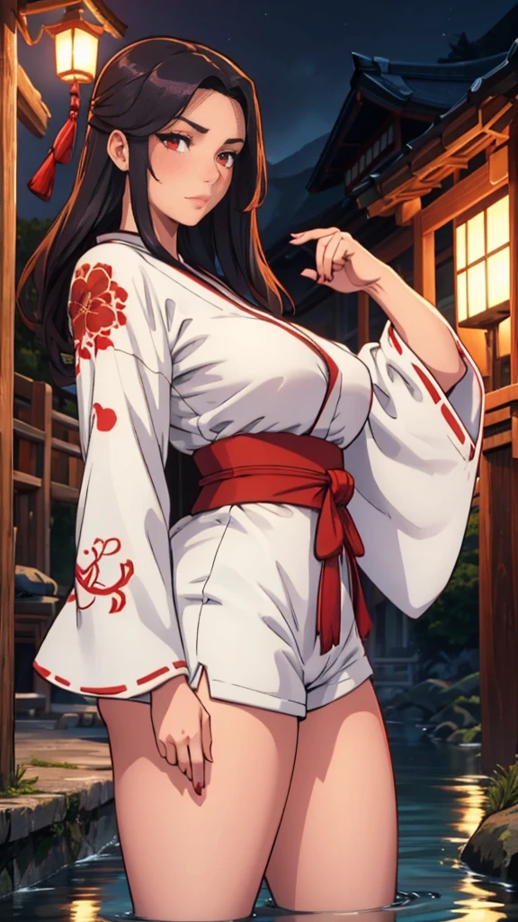 A beautiful woman, detailed red eyes, By the wide water, during, She is wearing a white kimono with red details., some shorts, japanese village at night, front view, blush, perfect hands, good anatomy, curvy, she has a golden katana.