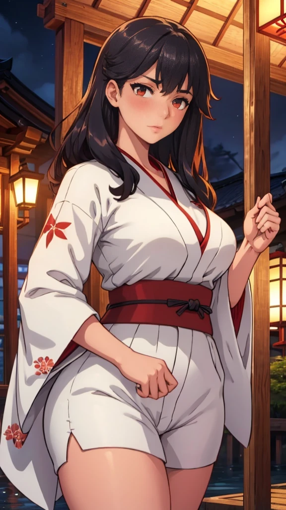 A beautiful woman, detailed red eyes, By the wide water, during, She is wearing a white kimono with red details., some shorts, japanese village at night, front view, blush, perfect hands, good anatomy, curvy, she has a golden katana.