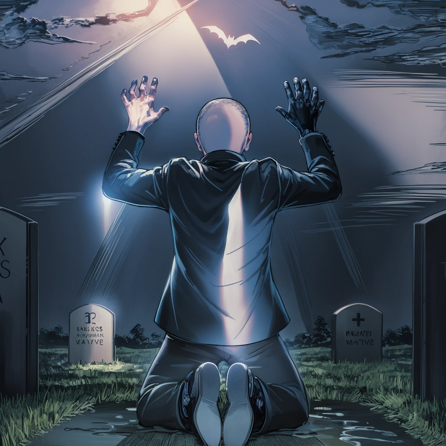 Bruce Wayne, aged 10, is kneeling before his parents' tomb, Thomas e Martha Wayne. He wears a black suit. With bloody hands, he lets out a cry of pain and despair. Lightning illuminates the cloudy sky in the background. A bat flies by quickly, cutting the air. Thomas Wayne and Martha Wayne's tombstones are clearly visible, with their names engraved in silver letters, standing out against the darkness of the cemetery. Ao longe, oculto nas sombras, Alfred watches silently, Keeping a respectful distance, but attentive to the suffering of young master Bruce.