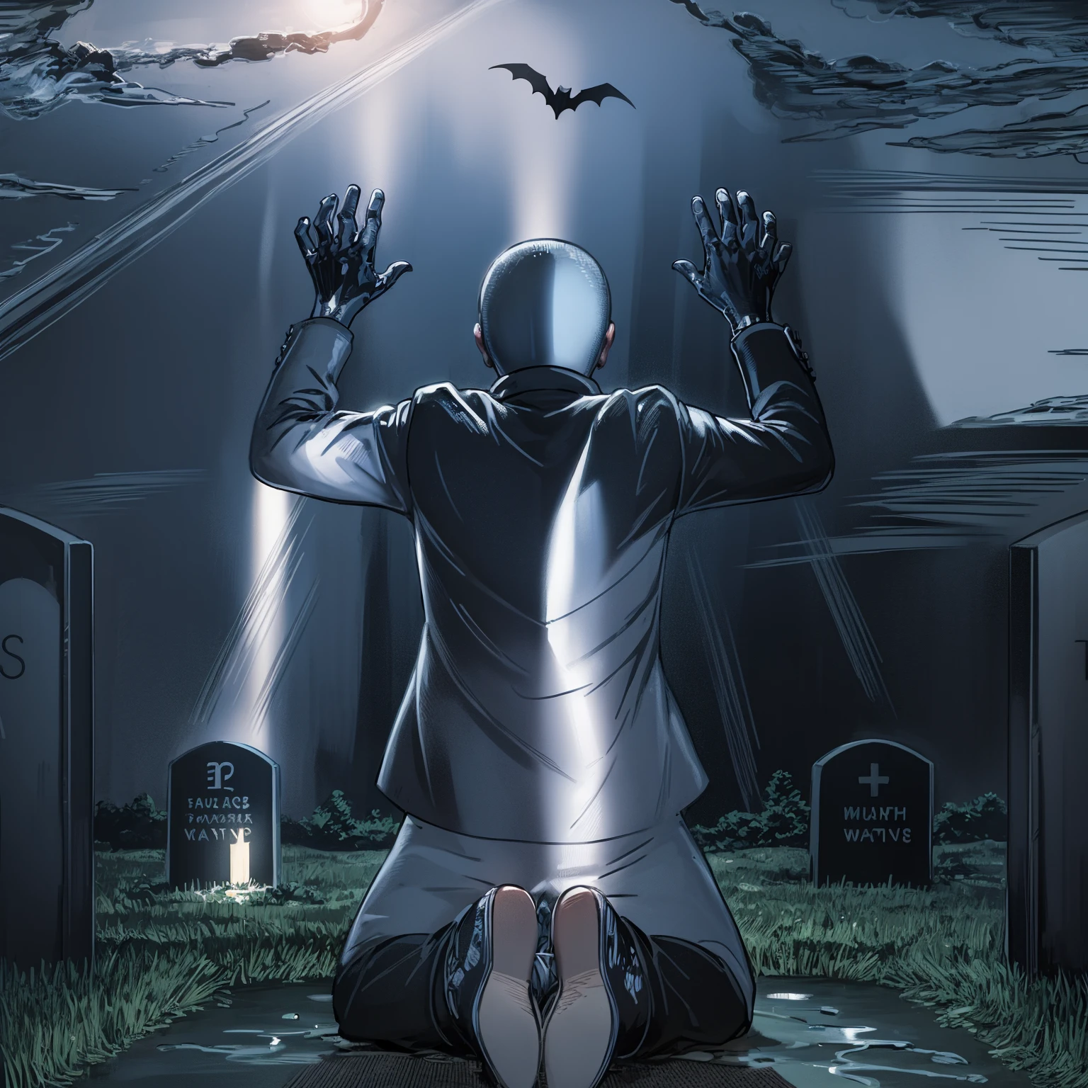 Bruce Wayne, aged 10, is kneeling before his parents&#39; tomb, Thomas e Martha Wayne. He wears a black suit. With bloody hands, he lets out a cry of pain and despair. Lightning illuminates the cloudy sky in the background. A bat flies by quickly, cutting the air. Thomas Wayne and Martha Wayne&#39;s tombstones are clearly visible, with their names engraved in silver letters, standing out against the darkness of the cemetery. Ao longe, oculto nas sombras, Alfred watches silently, Keeping a respectful distance, but attentive to the suffering of young master Bruce.