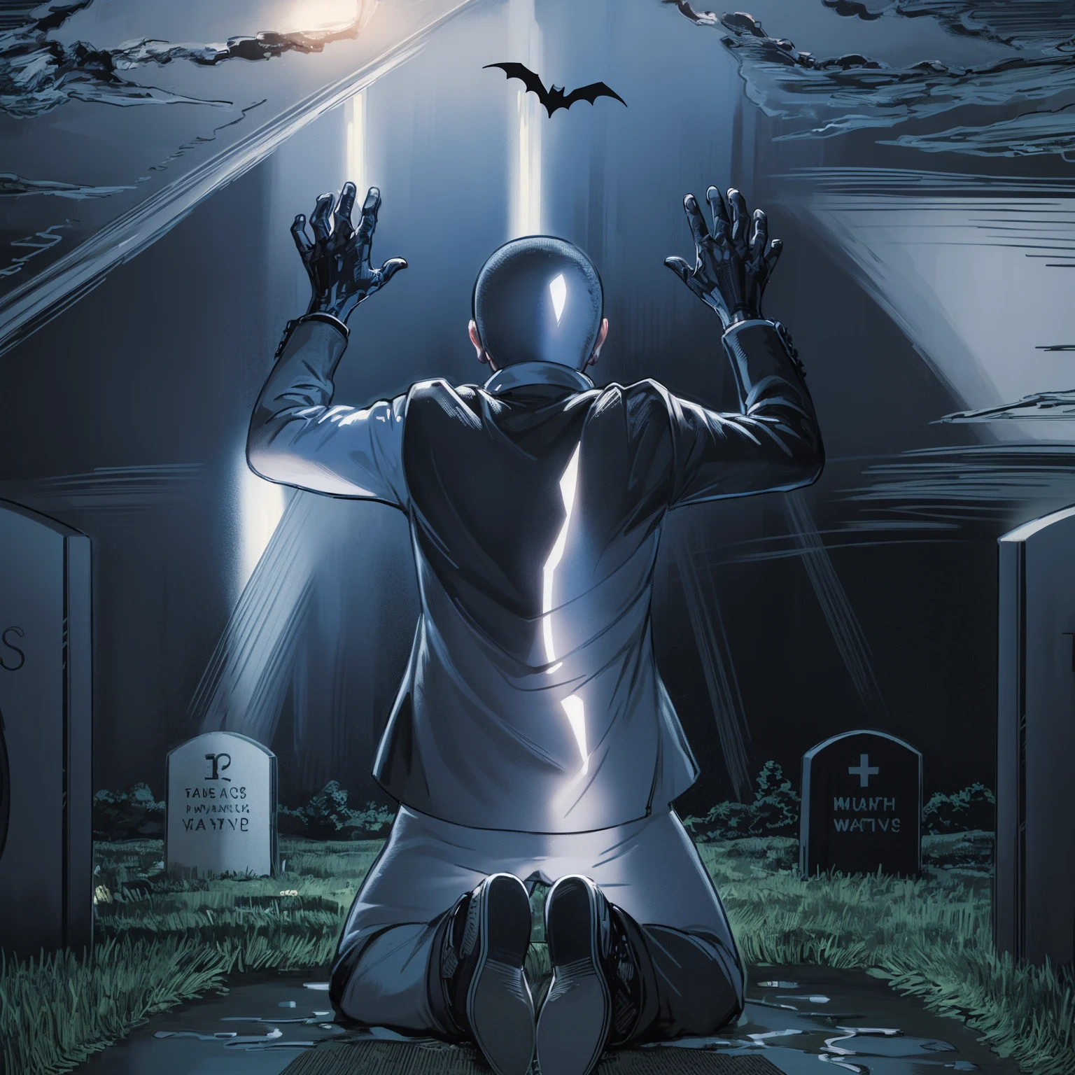 Bruce Wayne, aged 10, is kneeling before his parents' tomb, Thomas e Martha Wayne. He wears a black suit. With bloody hands, he lets out a cry of pain and despair. Lightning illuminates the cloudy sky in the background. A bat flies by quickly, cutting the air. Thomas Wayne and Martha Wayne's tombstones are clearly visible, with their names engraved in silver letters, standing out against the darkness of the cemetery. Ao longe, oculto nas sombras, Alfred watches silently, Keeping a respectful distance, but attentive to the suffering of young master Bruce.