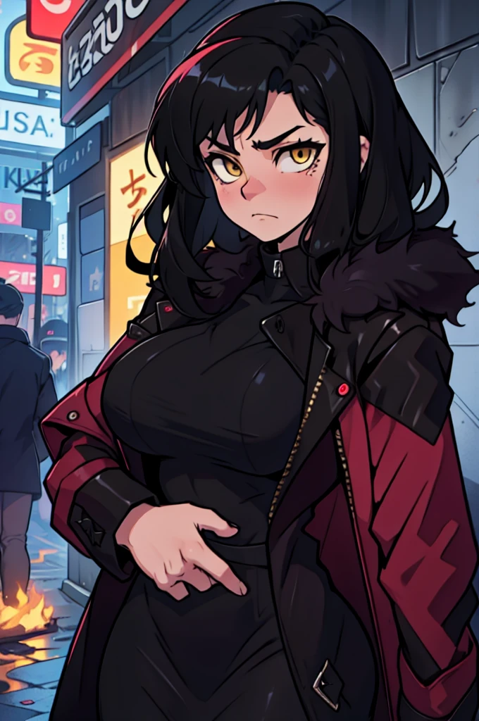 sad girl muscular girl large breasts yellow eyes black hair fur coat fur coat fur coat fur coat fur coat fur coat fur coat