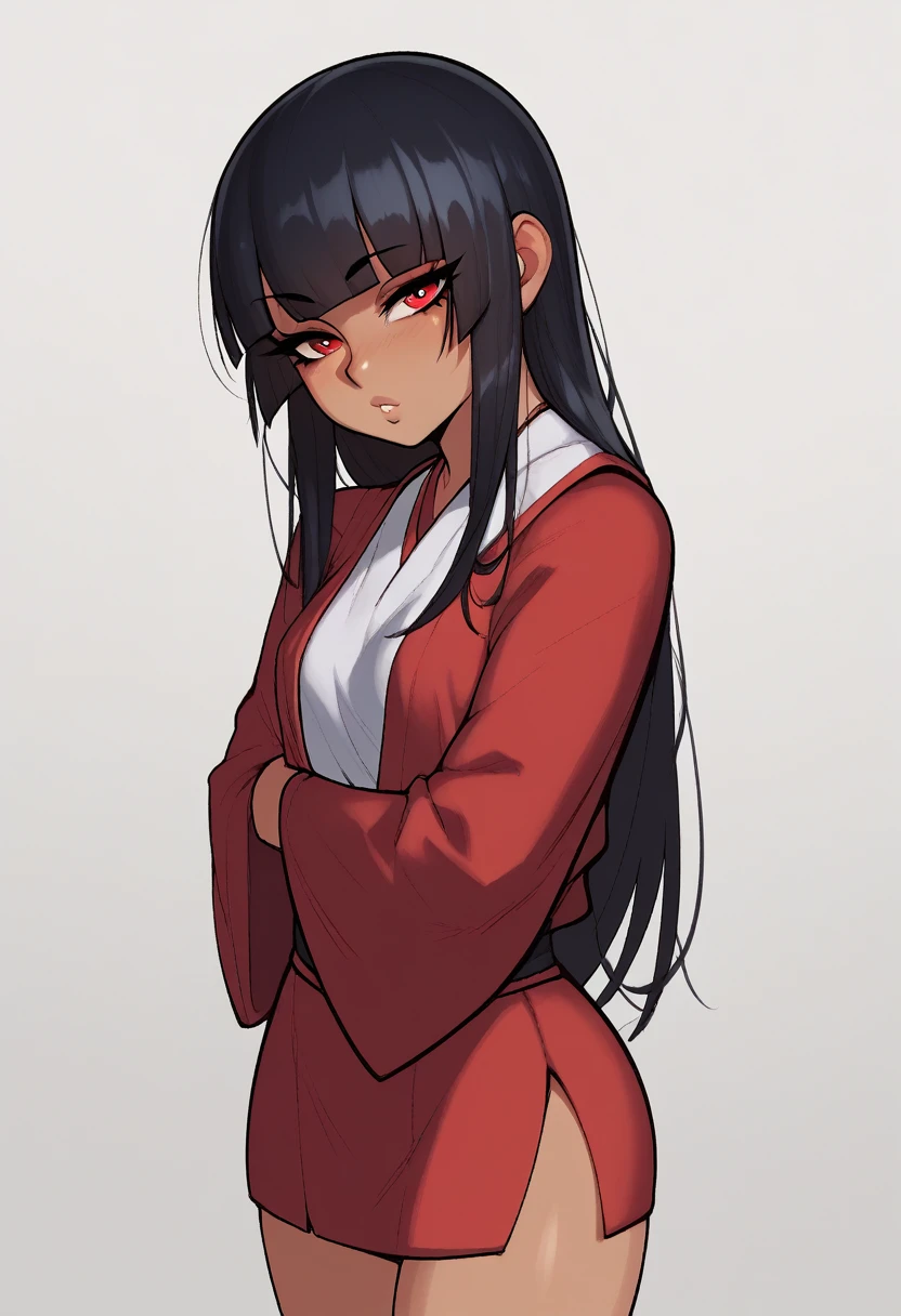 score_9, score_8_up, score_7_up, score_6_up, score_5_up, score_4_up, BREAK 1girl, black hair, tanned, loose hair, swept bangs, red eyes, long eyelashes, seductive expression, blunt bangs, short, BREAK solo, small breasts, skinny, arched back, thigh gap, shrine maiden, innocent, lovely, adorable, long hair, hair covering one eye, dark mage, fully clothed