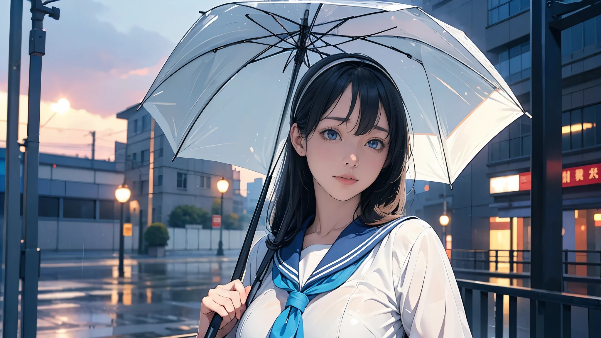 Ultra HD、super high quality、masterpiece、Contest Winner、detailed、8K、16K,The location is on a quiet city street、Schoolgirl１Person listening to music on headphones、15-year-old high school girl、そのロシア人で髪の毛は黒色のロング、Has blue eyes、Has a glamorous figure、The clothes she is wearing are school uniforms or sailor suits.、Pretty sexy、Lo-Fi images,The background is blurred、Nostalgic and relaxing atmosphere、At dusk、Afternoon sun、Holding an umbrella、Rainy season、downpour、A business district lined with glittering neon buildings