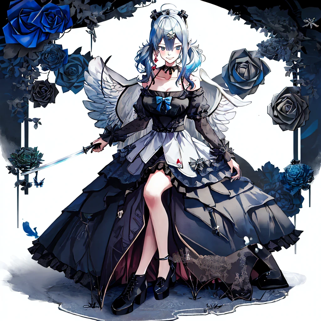  ((best quality)), ((masterpiece)), (detailed), 1girl, Character design, female, dynamic poses, ((long blue hair)), grey white eyes, very skinny, detailed, best quality, no accesoires around the neck, prominent collarbones, skinny arms, full body, blank white background, plain background, white background, ((red and white clothing)), Bloodborne inspired, occult aesthetic, occult, detailed and intricate steampunk and detailed gothic, Very dramatic and cinematic lighting, cosmic horror, grim-dark, side-lighting, perfect face,  Fluttering lace flared long knee length dress with frilly petticoats, knee length dress, pleated petticoats, petticoats gothic, complex lace boots, side-lighting, gothic aesthetic, wielding a mighty sword with mechanical components, mandalas, small breasts, a fairy, various different types of insect wings,full body, whole body, white holy clothes,white holy clothes,((evil smile)),(blue hair),she has a big sword in her hand,