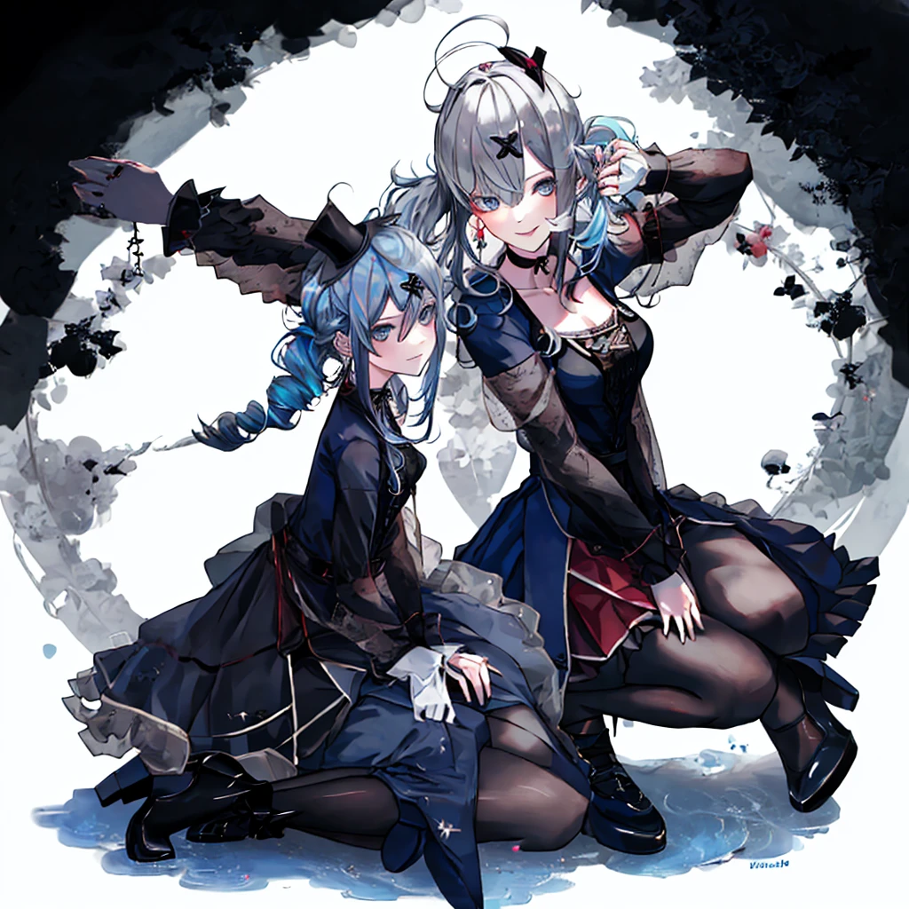  ((best quality)), ((masterpiece)), (detailed), 1girl, Character design, female, dynamic poses, ((long blue hair)), grey white eyes, very skinny, detailed, best quality, no accesoires around the neck, prominent collarbones, skinny arms, full body, blank white background, plain background, white background, ((red and white clothing)), Bloodborne inspired, occult aesthetic, occult, detailed and intricate steampunk and detailed gothic, Very dramatic and cinematic lighting, cosmic horror, grim-dark, side-lighting, perfect face,  Fluttering lace flared long knee length dress with frilly petticoats, knee length dress, pleated petticoats, petticoats gothic, complex lace boots, side-lighting, gothic aesthetic, wielding a mighty sword with mechanical components, mandalas, small breasts, a fairy, various different types of insect wings,full body, whole body, white holy clothes,white holy clothes,((evil smile)),(blue hair),she has a big sword in her hand,