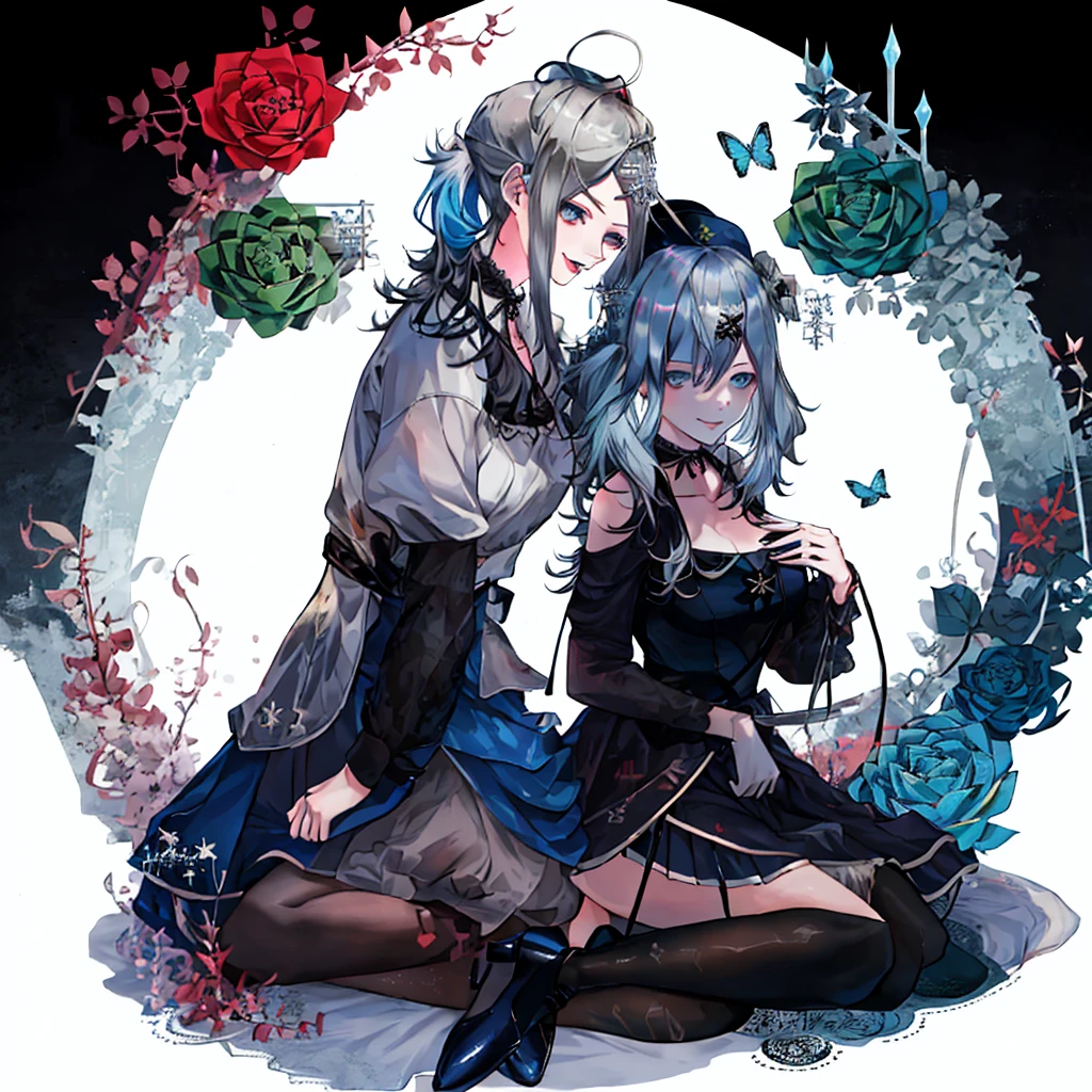  ((best quality)), ((masterpiece)), (detailed), 1girl, Character design, female, dynamic poses, ((long blue hair)), grey white eyes, very skinny, detailed, best quality, no accesoires around the neck, prominent collarbones, skinny arms, full body, blank white background, plain background, white background, ((red and white clothing)), Bloodborne inspired, occult aesthetic, occult, detailed and intricate steampunk and detailed gothic, Very dramatic and cinematic lighting, cosmic horror, grim-dark, side-lighting, perfect face,  Fluttering lace flared long knee length dress with frilly petticoats, knee length dress, pleated petticoats, petticoats gothic, complex lace boots, side-lighting, gothic aesthetic, wielding a mighty sword with mechanical components, mandalas, small breasts, a fairy, various different types of insect wings,full body, whole body, white holy clothes,white holy clothes,((evil smile)),(blue hair),she has a big sword in her hand,