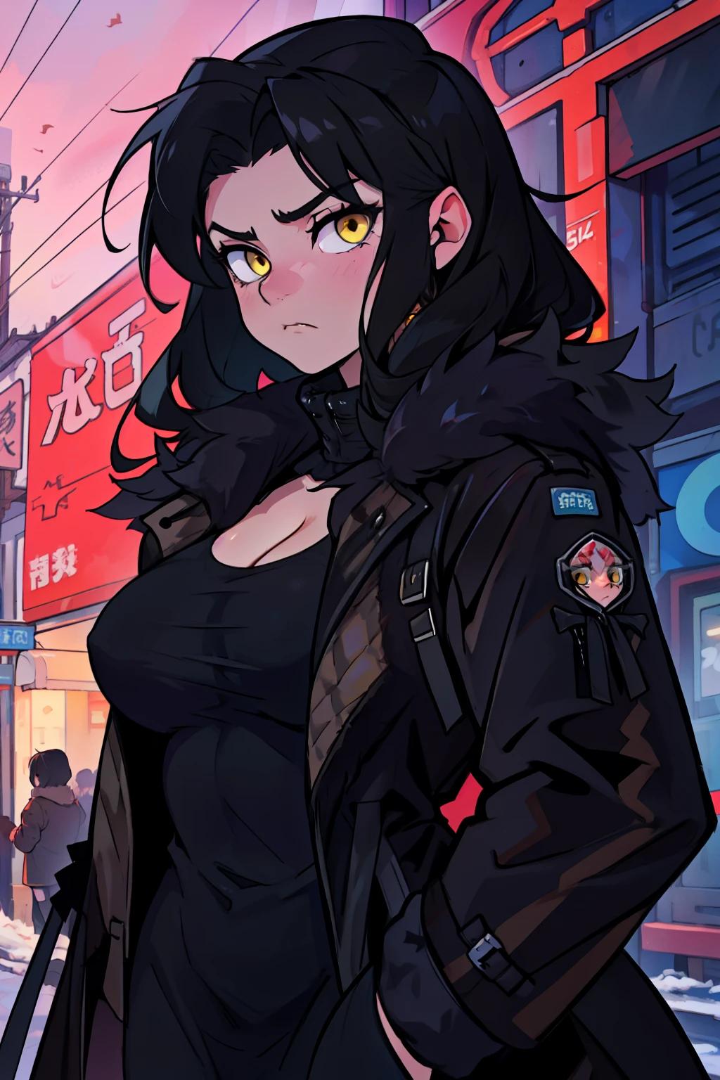 sad girl muscular girl large breasts yellow eyes black hair fur coat fur coat fur coat fur coat fur coat fur coat fur coat