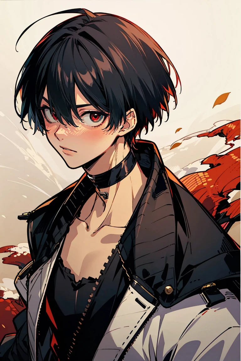 rekkyou sensen,rekkyo sensen, hasuichi nishizono, short hair, black hair, red eyes, boy, male, anime,1boy, bangs, hair between eyes, jacket, looking at viewer, male focus, solo, zipper, black clothes, black gloves, upper body, silver choker, shanghai, china, temple