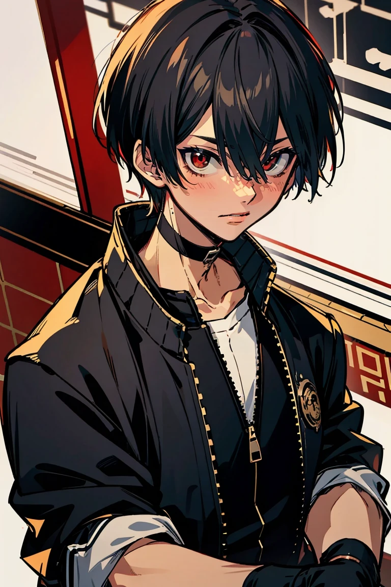 rekkyou sensen,rekkyo sensen, hasuichi nishizono, short hair, black hair, red eyes, boy, male, anime,1boy, bangs, hair between eyes, jacket, looking at viewer, male focus, solo, zipper, black clothes, black gloves, upper body, silver choker, shanghai, china, temple