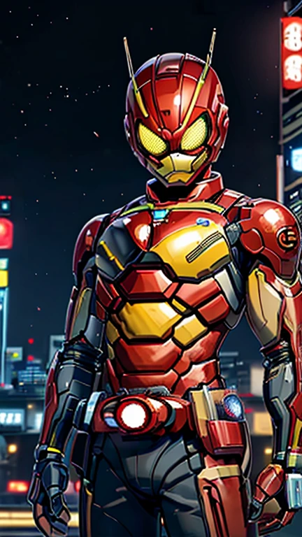 (8k),(masterpiece),(Japanese),(8-year-old boy),((innocent look)),((Childish)),From the front,smile,cute,Innocent,Kind eyes,Flat chest, red helmet, yellow domino mask, Iron Man, short,Black Hair,Strong wind,night,dark, Neon light cyberpunk city,Kamen rider,camisa