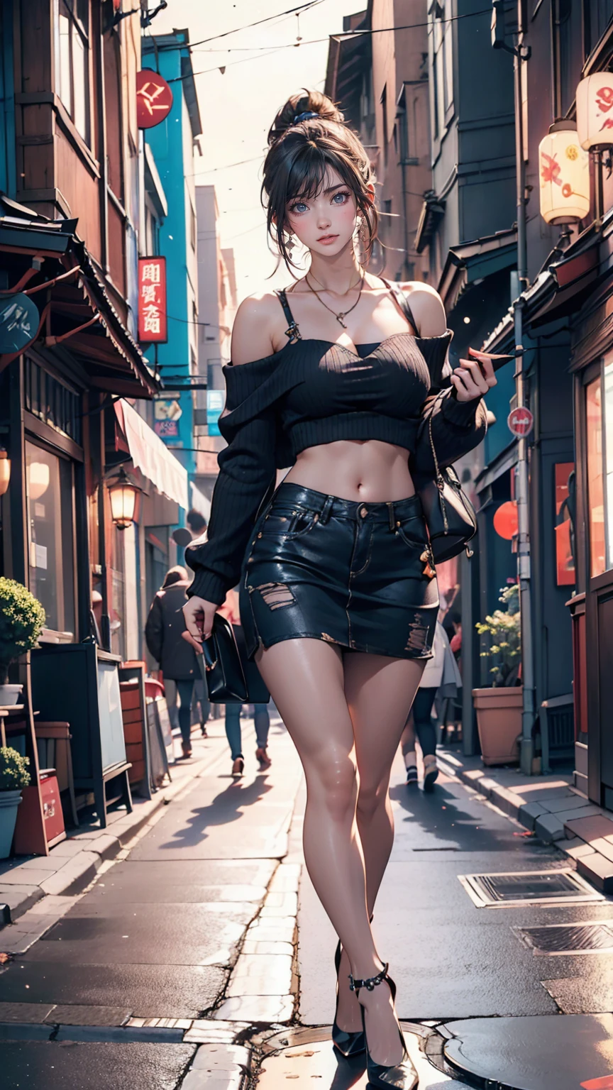 A miniature image of a city stretching from alleys to streets, super detailed, masterpiece, Highest quality, super high quality, 不条理なdetailed, The best light, Best Shadow, sharp, sharp image, detailed, extremely detailed, Amazing resolution, 8K, 4K, Ultra-high resolution, Volumetric, Bright fairy, Particle Effects, Beautiful Effects, neon, neon light, Sunbeam, sunlight, (People on the street)、24-year-old female、Sexy proportions、Sexy、Narrow waist、Off-the-shoulder one-strap top、Wear stiletto heels