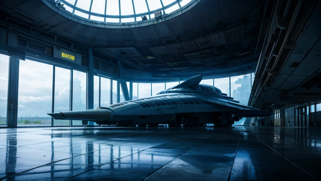 create a scenario of the entrance to an abandoned futuristic spaceship base. as if it were an airport for ships. futuristic scenario of this organization&#39;s square. It must be an RPG setting. viewed from the top, but not too far away