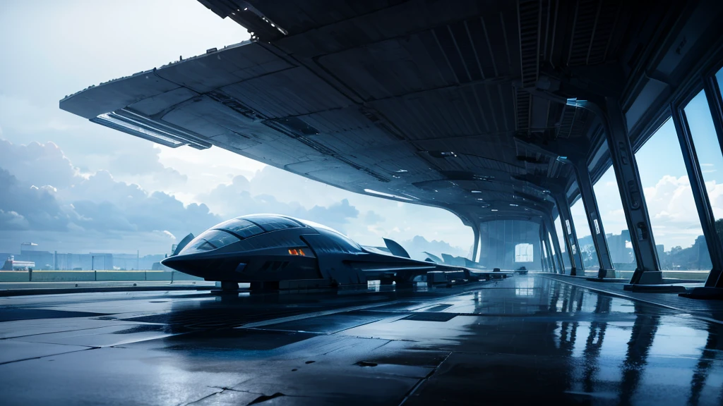 create a scenario of the entrance to an abandoned futuristic spaceship base. as if it were an airport for ships. futuristic scenario of this organization&#39;s square. It must be an RPG setting. viewed from the top, but not too far away