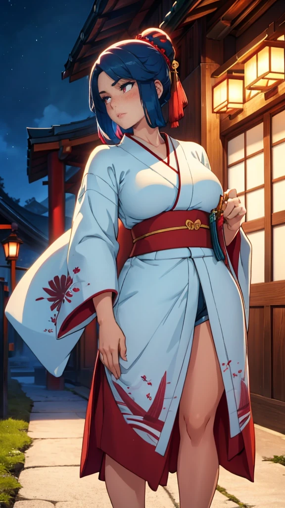 A beautiful woman, detailed red eyes, Long aqua blue hair, during, She is wearing a white kimono with red details., some shorts, japanese village at night, front view, blush, perfect hands, good anatomy, curvy, she has a golden katana. 