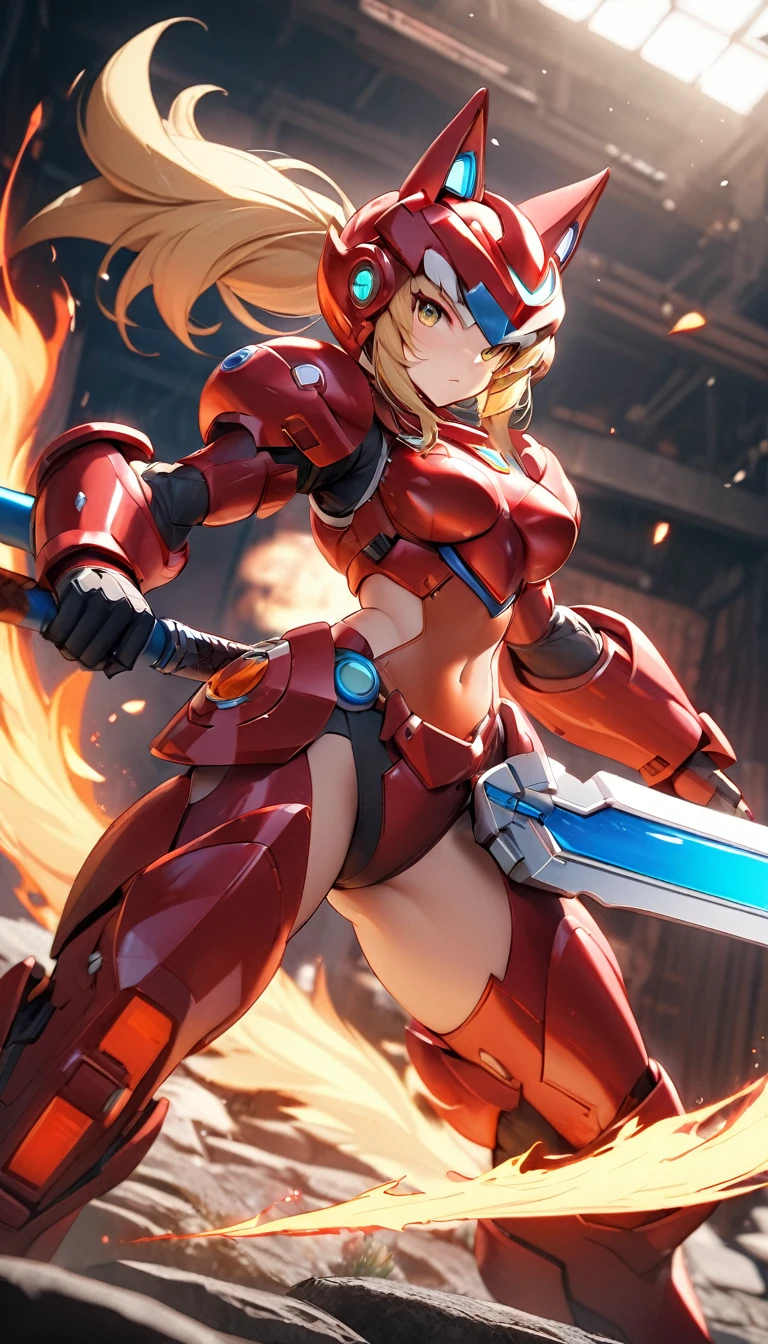 Masterpiece, exquisite and detailed, 4k, 8k, high resolution, hightech fantasy style inspired by the design of Megaman, an anthro wolf reploid goddess with long blonde ponytail hair, helmet and red armor with white details, fierce, wielding a large flaming sword, posing next to the sword, dynamic light , cinematic BG, highly detailed