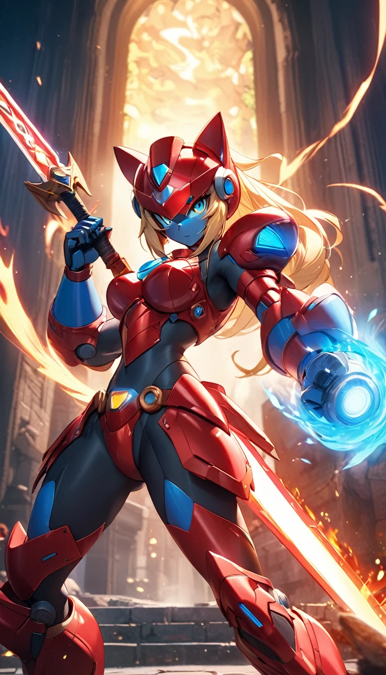 Masterpiece, exquisite and detailed, 4k, 8k, high resolution, hightech fantasy style inspired by the design of Megaman, an anthro wolf reploid goddess with long blonde ponytail hair, helmet and red armor with white details, fierce, wielding a large flaming sword, posing next to the sword, dynamic light , cinematic BG, highly detailed
