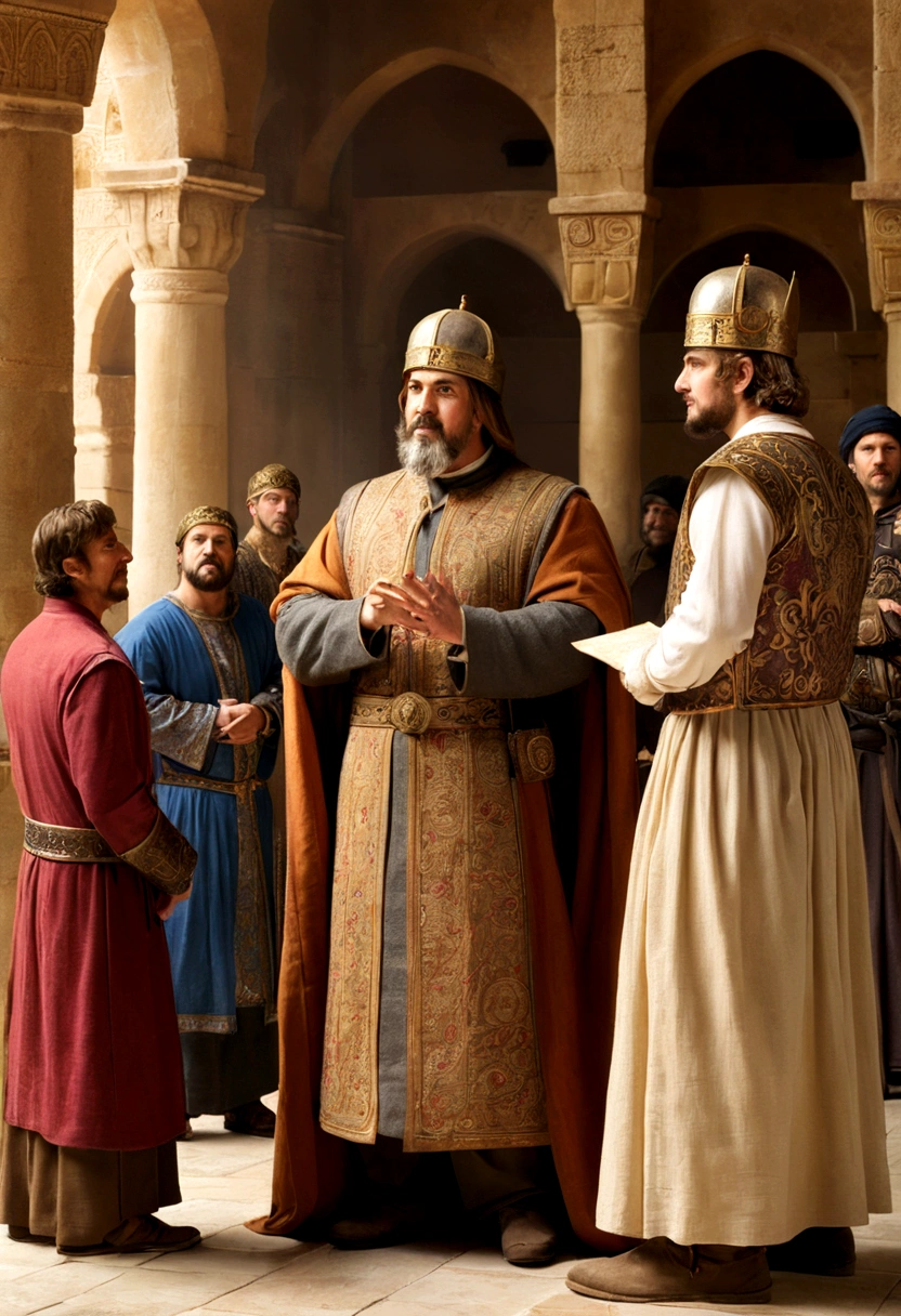 {
"prompt": "A detailed image of the Hungarian engineer in a Byzantine court, presenting his innovative cannon design to a group of Byzantine nobles. The engineer is enthusiastic, holding up a detailed blueprint, while the nobles, dressed in rich Byzantine attire, look unimpressed. One noble is turning away, and another is gesturing dismissively. The background shows a richly decorated hall, emphasizing the tension and rejection.",
"size": "1024x1024"
}