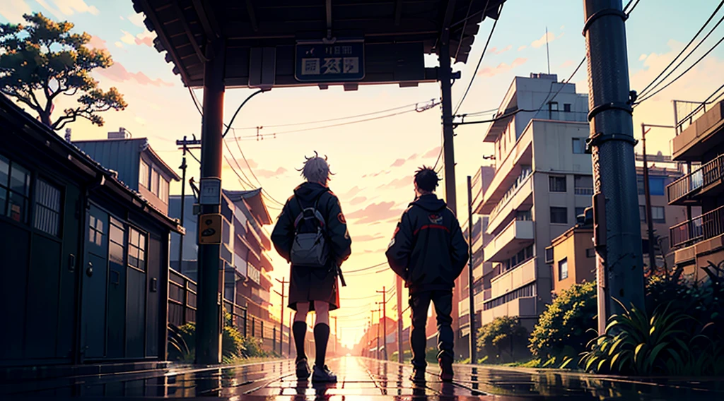 1boy,Man's ,Cyberpunk Boy、katanas,machine gun、Cat's ears、silber hair、poneyTail、The beginning of the adventure、during daytime、Into the cloud、ruined and devastated city、Complex Japan buildings、temple,railroad crossing、Bus stop、Trees、Warm lighting、puddles、Good old Japan landscape、Beautiful and fantastic summer landscape、Cinematic scenery、hightquality、masutepiece,8K、hight resolution、ultra-detailliert,