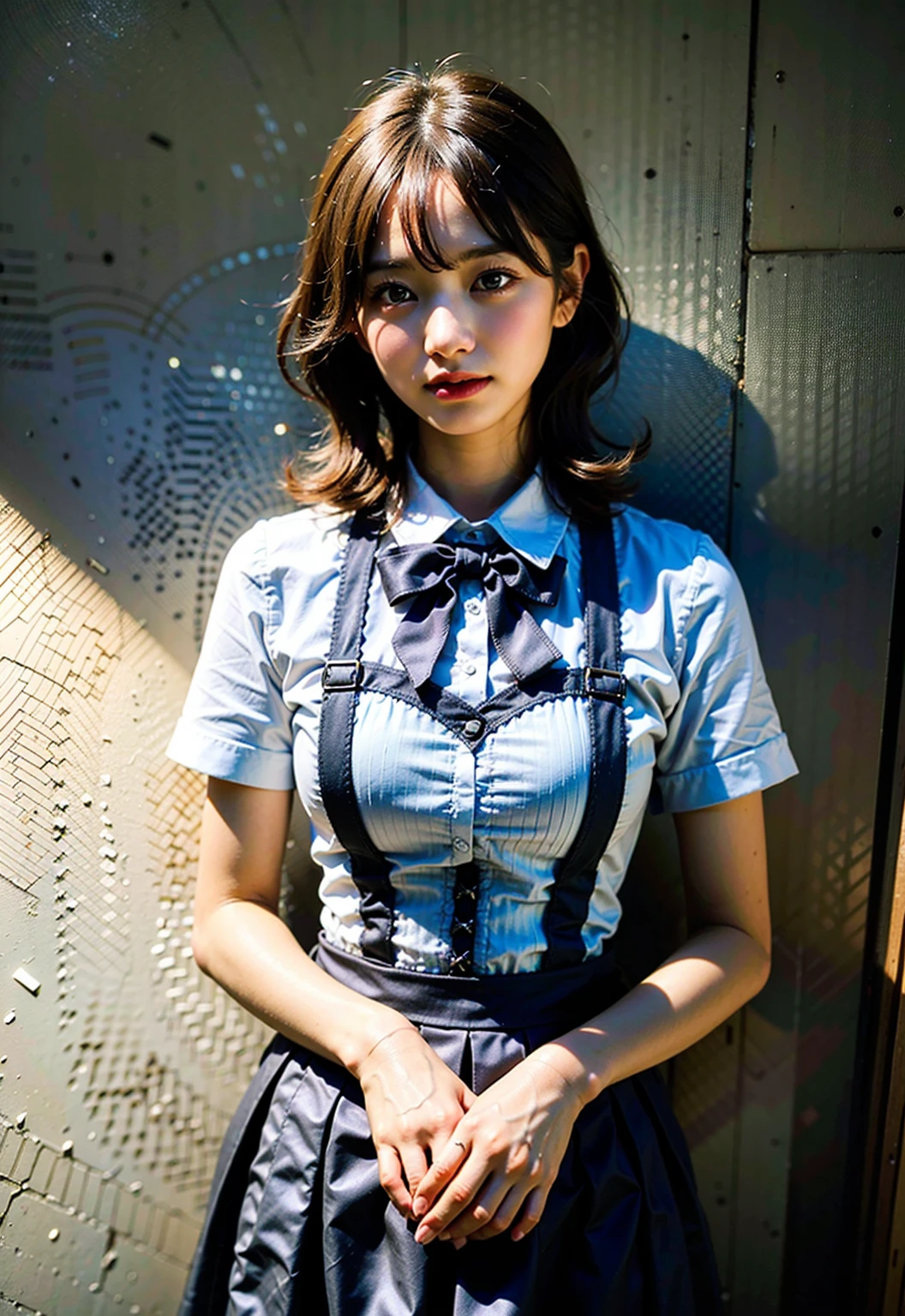 RAW Photos, Highest quality, High resolution, Realistic, Young Japanese Girl, 17 years old, whole body, Expressionless, poker face, Stone Face, model, Big Breasts, short hair, Wavy Hair, Curly Hair, Gray Hair, Silver Hair, Light brown hair, Are standing, Hollow Eyes, Hollow Eyes, ((Thin thighs)), Diagonal bangs, Cute face, Shiny skin, Beautiful body, Beautiful Skin, concentrate , Naked from below, (school uniform, Lead Bow Tie, Black apron dress, Highly detailed corset, Gothic, Frill dress, Beautiful embroidery, (Long skirt:1.2):1.4), (Use your hands to lift up your skirt:1.3) indicate, underwear, simple underwear,