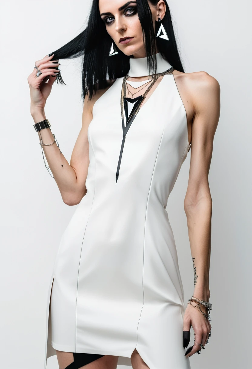 SLIM 35 years old woman, , small ass, black long hair, wearing MINIMAL WHITE cyberpunk MINIDRESS with triangular forms, in a white background, black nails, triangular necklace, triangular earrings,