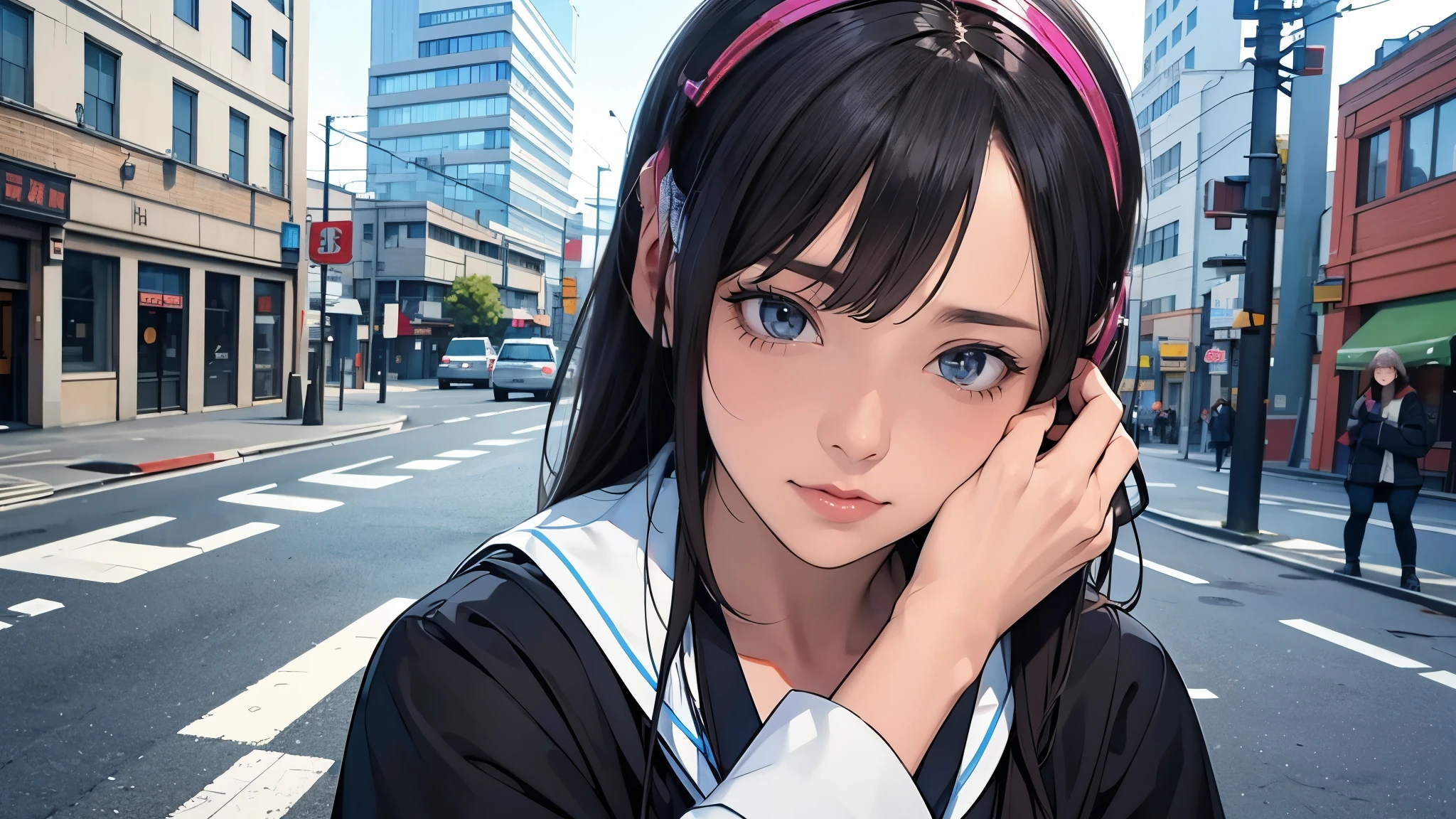 Ultra HD、super high quality、masterpiece、detailed、8K、The location is on a quiet city street、Schoolgirl１Person listening to music on headphones、15-year-old high school girl、そのロシア人で髪の毛は黒色のロング、Has blue eyes、Has a glamorous figure、The clothes she&#39;s wearing are one-piece dresses.、Pretty sexy、Lo-Fi images,The background is blurred、Nostalgic and relaxing atmosphere、At dusk、Afternoon sun、Holding an umbrella、Rainy season、downpour、A business district lined with glittering neon buildings