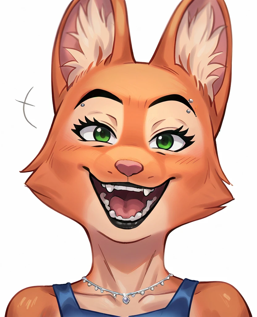 female, standing, portrait, close up, looking at viewer, smile, teeth, open mouth, laughing, three quarter view,

diane foxington, red fox, green eyes, eyelashes, eyeliner, eyeshadow, black lips, eyebrow piercing, dfoxington, (simple artstyle, sketch artstyle, messy lines, colorful, colored sketch, thick lines, thick outline, shaded, digital media artwork), (bittenhard:0.5), (inkplasm:0.7),, dimwitdog, meesh, fluff-kevlar, chelodoy