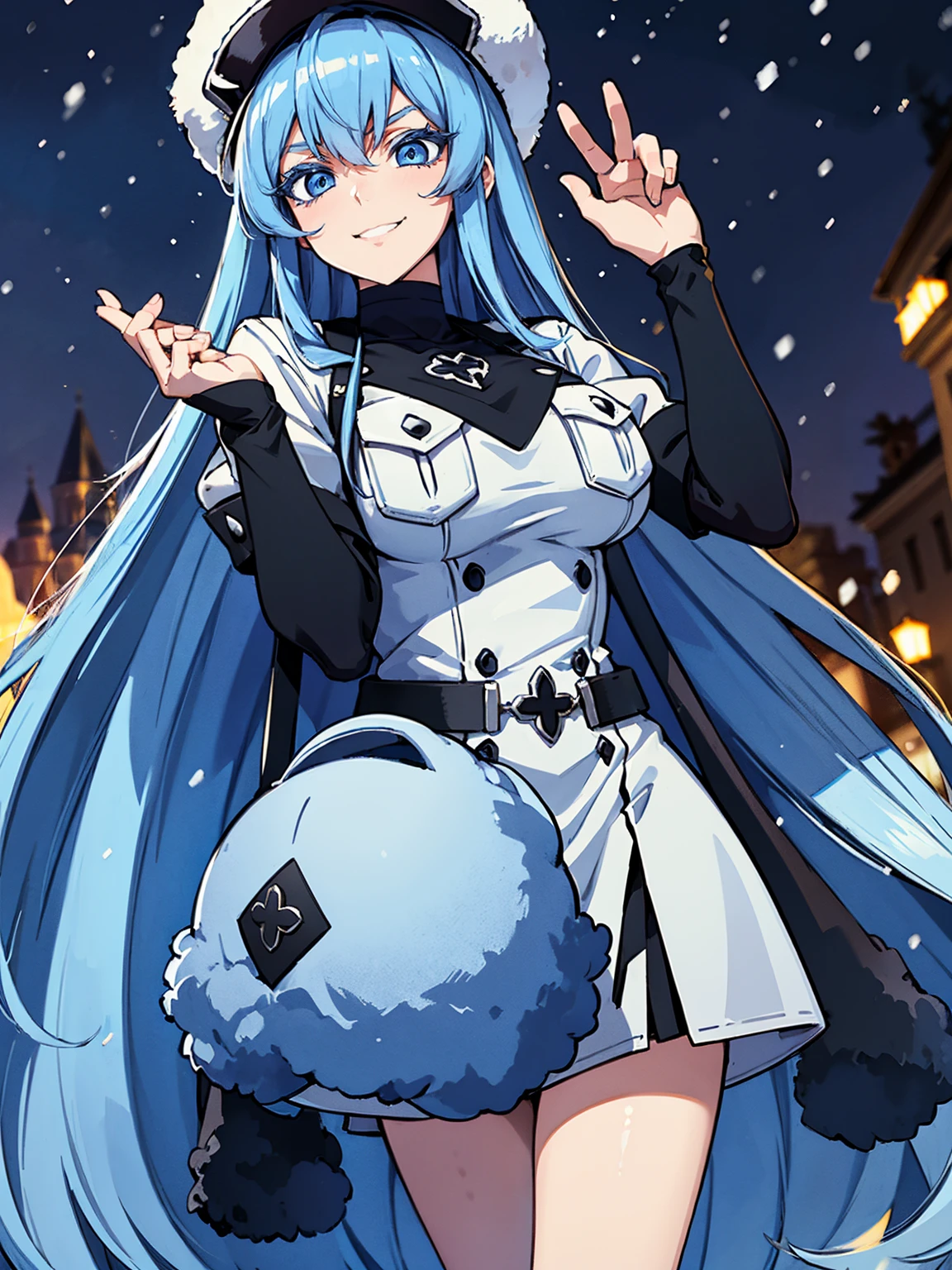 (artwork, best quality) a girl with long blue hair, blue eyes, blue eyelashes, tattoo, big breasts, white sweatshirt with a fluffy hat, (front facing camera), upset, smiling evilly, on a street in Russia, snowing heavily, at night