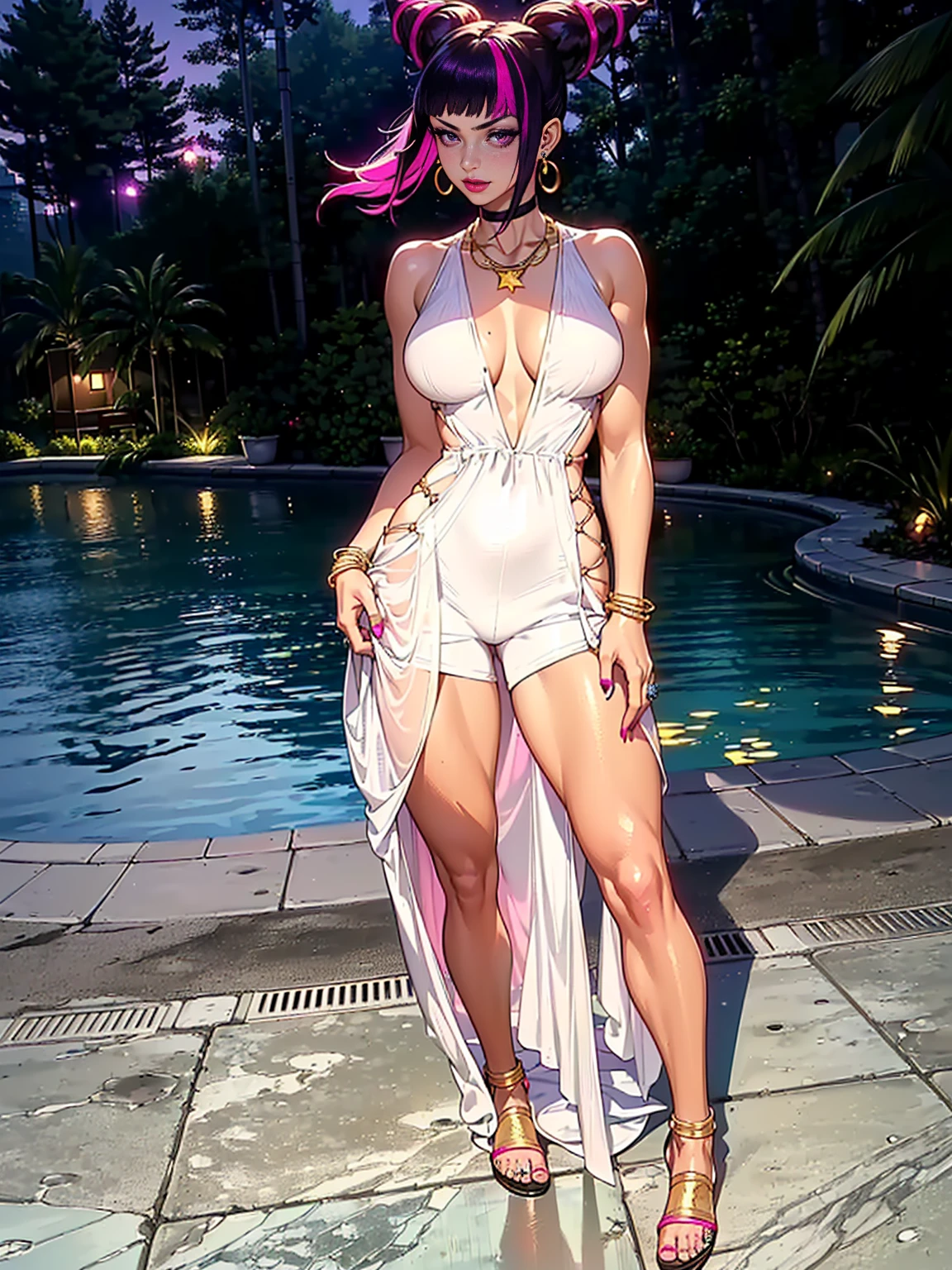 ((1girl, solo ,alone, Juri Han, pretty Juri Han from Street Fighter, purple eyes, twojuri, purple eyes, long sleeves, thrjuri, multicolored hair, purple eyes, foujuri, baggy pants, panties, black pants, muscular female, gold bracelets, ruby earrings)), athletic body, toned body, fitness, ((solo, (1woman, pink lipstick), Extremely detailed, ambient soft lighting, 4k, perfect eyes, a perfect face, perfect lighting, a 1girl)), ((looking at the viewer, white dress, dress golden embroidery, dress with gold details, white shorts, gold sandals, swimming pools, kiosks, night, stars, trees, forest in the background, city buildings at night, coconut trees, poolside, jewelry, amestista necklace, bracelets, earrings, marble floor))