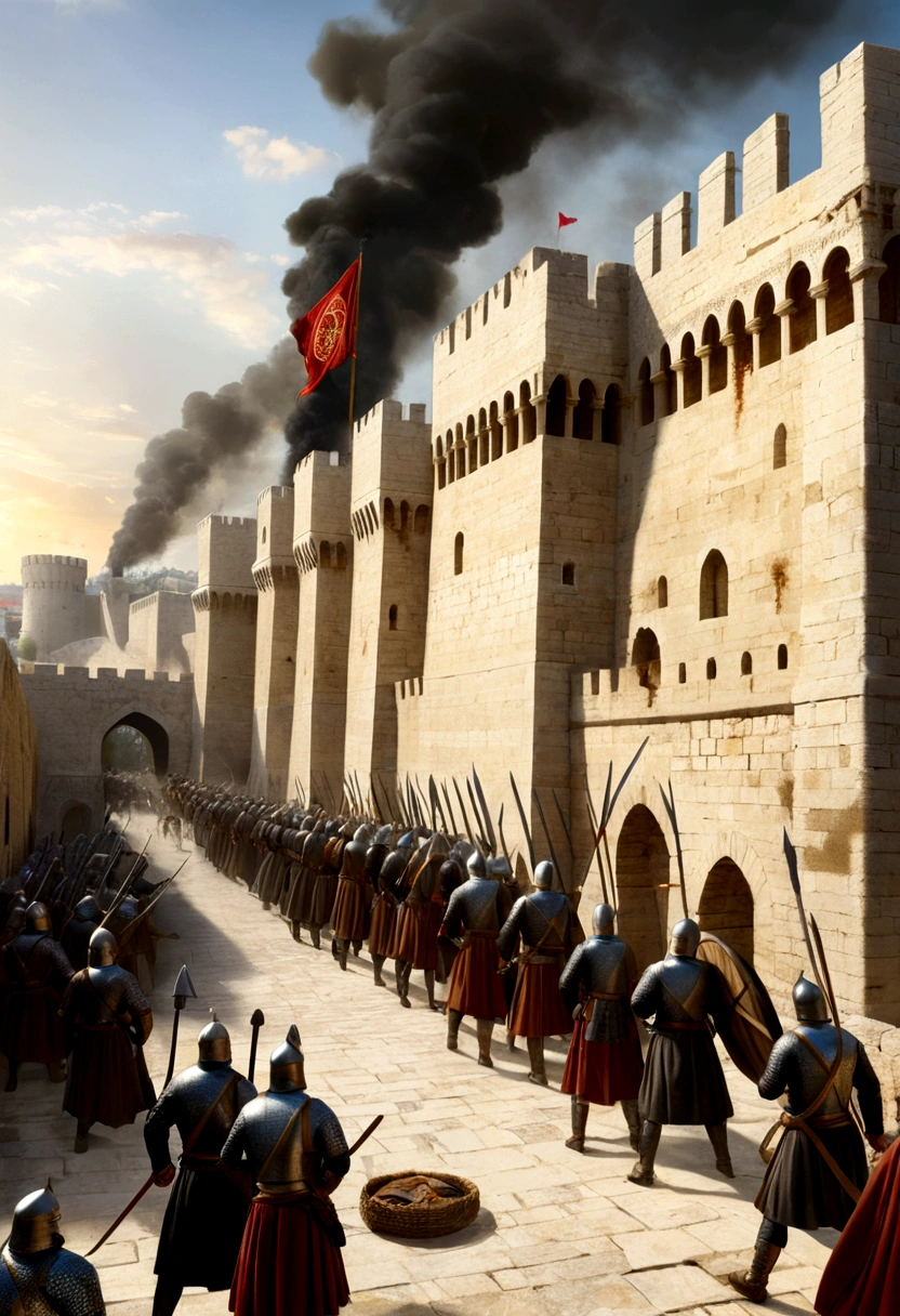 {
"prompt": "A detailed image of the Siege of Constantinople, with Ottoman soldiers using siege towers and scaling ladders to attack the formidable Theodosian walls. The defenders are seen on top of the walls, dressed in Byzantine armor, valiantly trying to repel the invaders. The scene is filled with intense action, smoke, and the clash of weapons, set against the backdrop of the towering city walls.",
"size": "1024x1024"
}