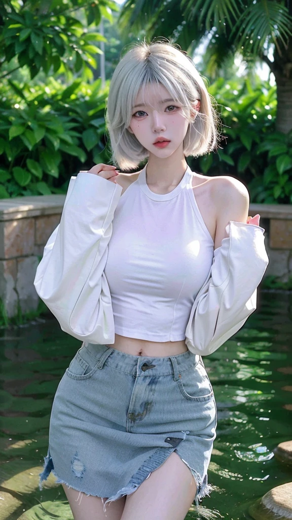 Beautiful woman with perfect figure:1.4,Ultra-high resolution,White legs,Put your hands behind your back,Swimming background,Big breasts:1.6,(Realism:1.4),perspective,Layered hairstyle,Snow white skin,JK:1.5,Super short pleated skirt,whole body:1.4,Very delicate and skin texture,Double eyelids,Skin Whitening,Long hair,White hair