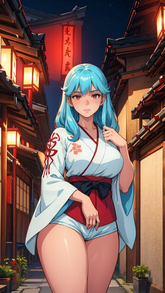 A beautiful woman, detailed red eyes, Long cyan light blue hair, during, She is wearing a white kimono with red details., some shorts, japanese village at night, front view, blush, perfect hands, good anatomy, curvy, she has a golden katana. 