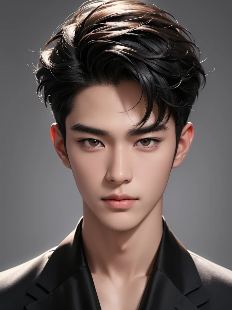 ((High quality)), ((masterpiece)), ((highly detailed)), perfect face, realistic, ((man)), ((Asian)), black hair, korean boy, portrait, cute guy, handsome guy, grey wallpaper, brown eyes, sexy