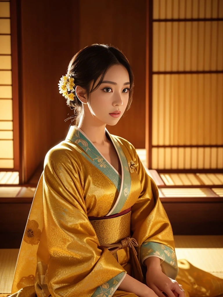 大きい胸、 kimono、Cinematic atmosphere、Professional composition、Natural Body、fantasy,sitting in front of a golden screen、flower arrangement、tatami、looking at the camera、intricate details,dramatic lighting,beautiful detailed eyes,beautiful detailed lips,extremely detailed eyes and face,long eyelashes