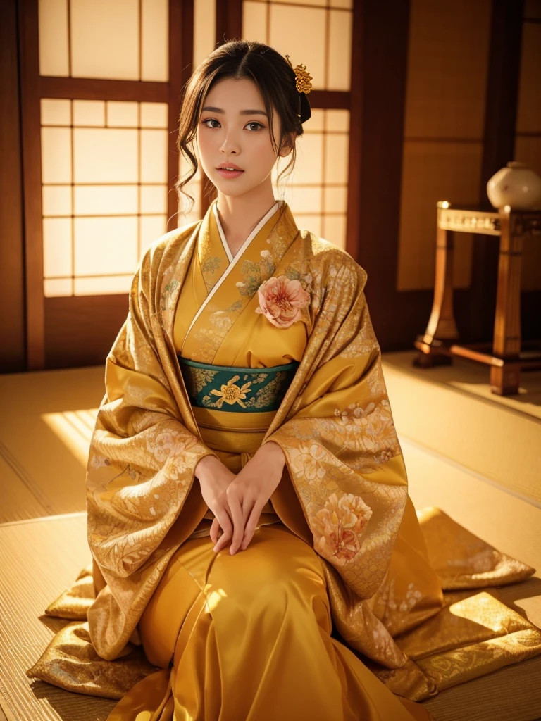 大きい胸、 kimono、Cinematic atmosphere、Professional composition、Natural Body、fantasy,sitting in front of a golden screen、flower arrangement、tatami、looking at the camera、intricate details,dramatic lighting,beautiful detailed eyes,beautiful detailed lips,extremely detailed eyes and face,long eyelashes
