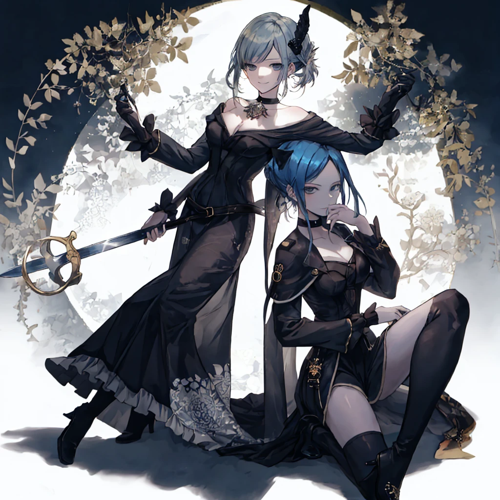  ((best quality)), ((masterpiece)), (detailed), 1girl, Character design, female, dynamic poses, ((long blue hair)), grey white eyes, very skinny, detailed, best quality, no accesoires around the neck, prominent collarbones, skinny arms, full body, blank white background, plain background, white background, ((red and white clothing)), Bloodborne inspired, occult aesthetic, occult, detailed and intricate steampunk and detailed gothic, Very dramatic and cinematic lighting, cosmic horror, grim-dark, side-lighting, perfect face,  Fluttering lace flared long knee length dress with frilly petticoats, knee length dress, pleated petticoats, petticoats gothic, complex lace boots, side-lighting, gothic aesthetic, wielding a mighty sword with mechanical components, mandalas, small breasts, a fairy, various different types of insect wings,full body, whole body, white holy clothes,white holy clothes,((evil smile)),(blue hair),she has a big sword in her hand,