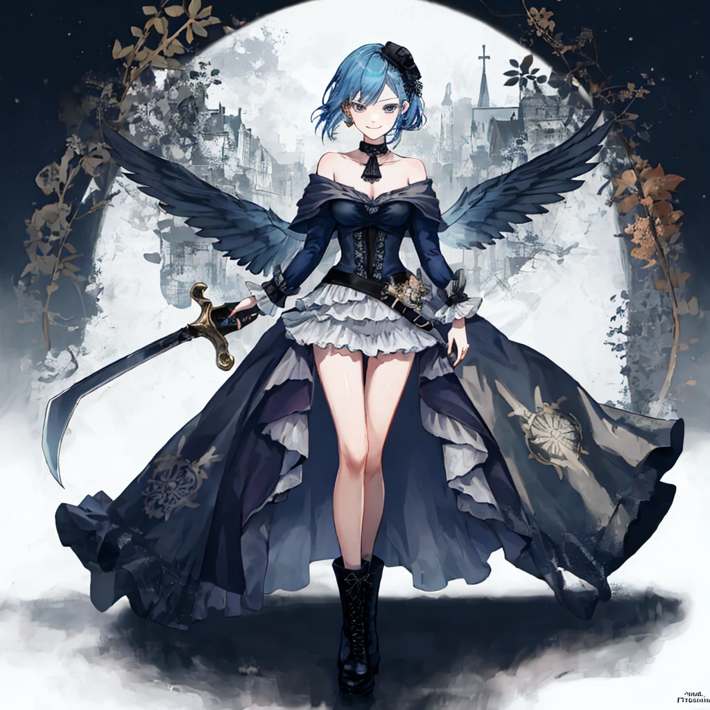  ((best quality)), ((masterpiece)), (detailed), 1girl, Character design, female, dynamic poses, ((long blue hair)), grey white eyes, very skinny, detailed, best quality, no accesoires around the neck, prominent collarbones, skinny arms, full body, blank white background, plain background, white background, ((red and white clothing)), Bloodborne inspired, occult aesthetic, occult, detailed and intricate steampunk and detailed gothic, Very dramatic and cinematic lighting, cosmic horror, grim-dark, side-lighting, perfect face,  Fluttering lace flared long knee length dress with frilly petticoats, knee length dress, pleated petticoats, petticoats gothic, complex lace boots, side-lighting, gothic aesthetic, wielding a mighty sword with mechanical components, mandalas, small breasts, a fairy, various different types of insect wings,full body, whole body, white holy clothes,white holy clothes,((evil smile)),(blue hair),she has a big sword in her hand,