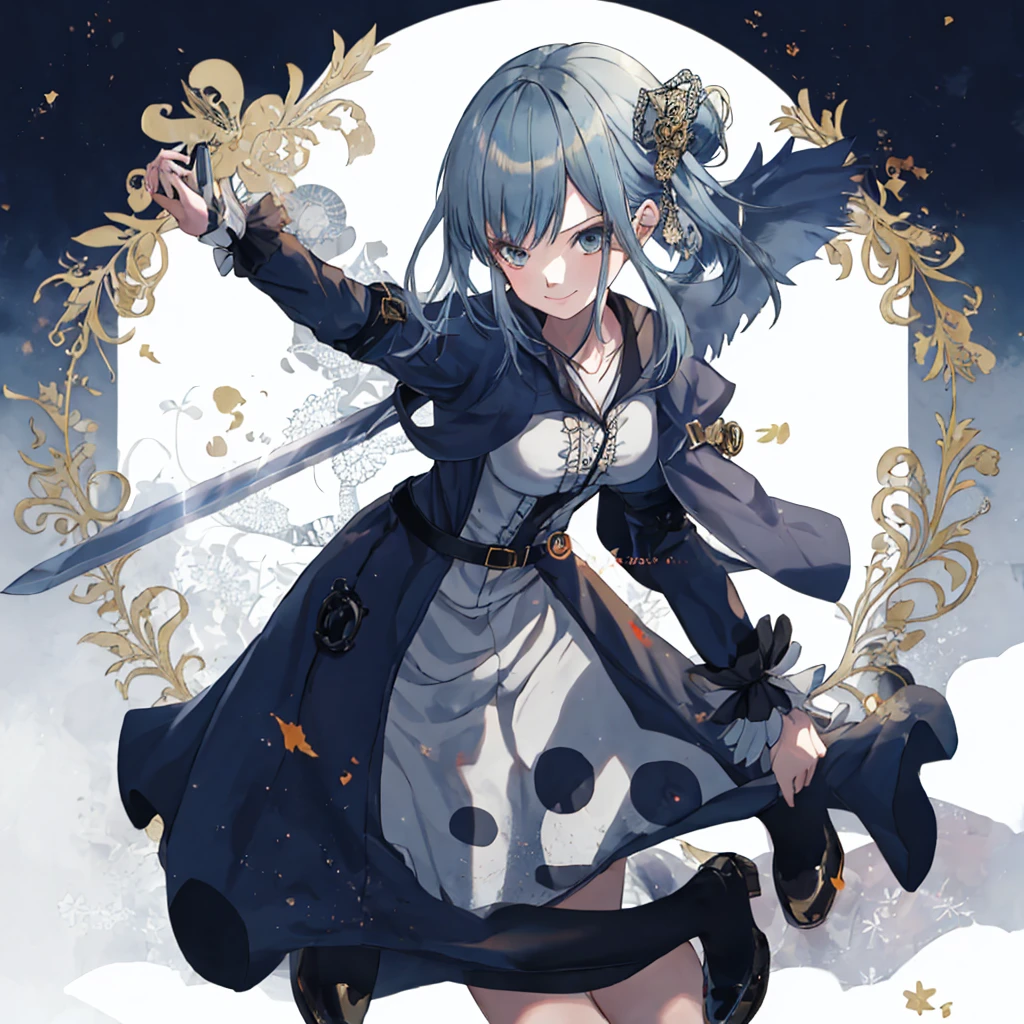  ((best quality)), ((masterpiece)), (detailed), 1girl, Character design, female, dynamic poses, ((long blue hair)), grey white eyes, very skinny, detailed, best quality, no accesoires around the neck, prominent collarbones, skinny arms, full body, blank white background, plain background, white background, ((red and white clothing)), Bloodborne inspired, occult aesthetic, occult, detailed and intricate steampunk and detailed gothic, Very dramatic and cinematic lighting, cosmic horror, grim-dark, side-lighting, perfect face,  Fluttering lace flared long knee length dress with frilly petticoats, knee length dress, pleated petticoats, petticoats gothic, complex lace boots, side-lighting, gothic aesthetic, wielding a mighty sword with mechanical components, mandalas, small breasts, a fairy, various different types of insect wings,full body, whole body, white holy clothes,white holy clothes,((evil smile)),(blue hair),she has a big sword in her hand,