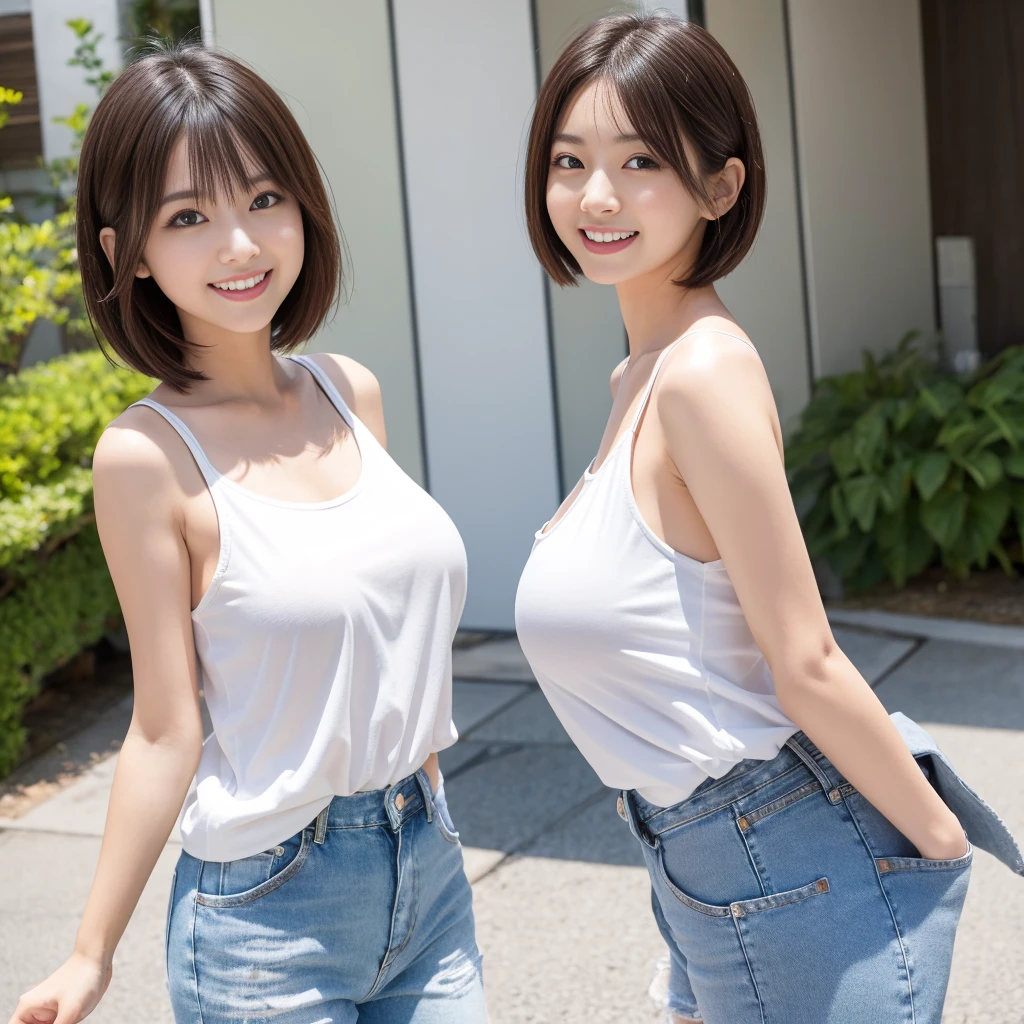 Japanese women、Big eyes and round face、Big Laugh、Short Hair、Large breasts、sunlight、Full Body Shot、She is wearing a white tank top and short jeans