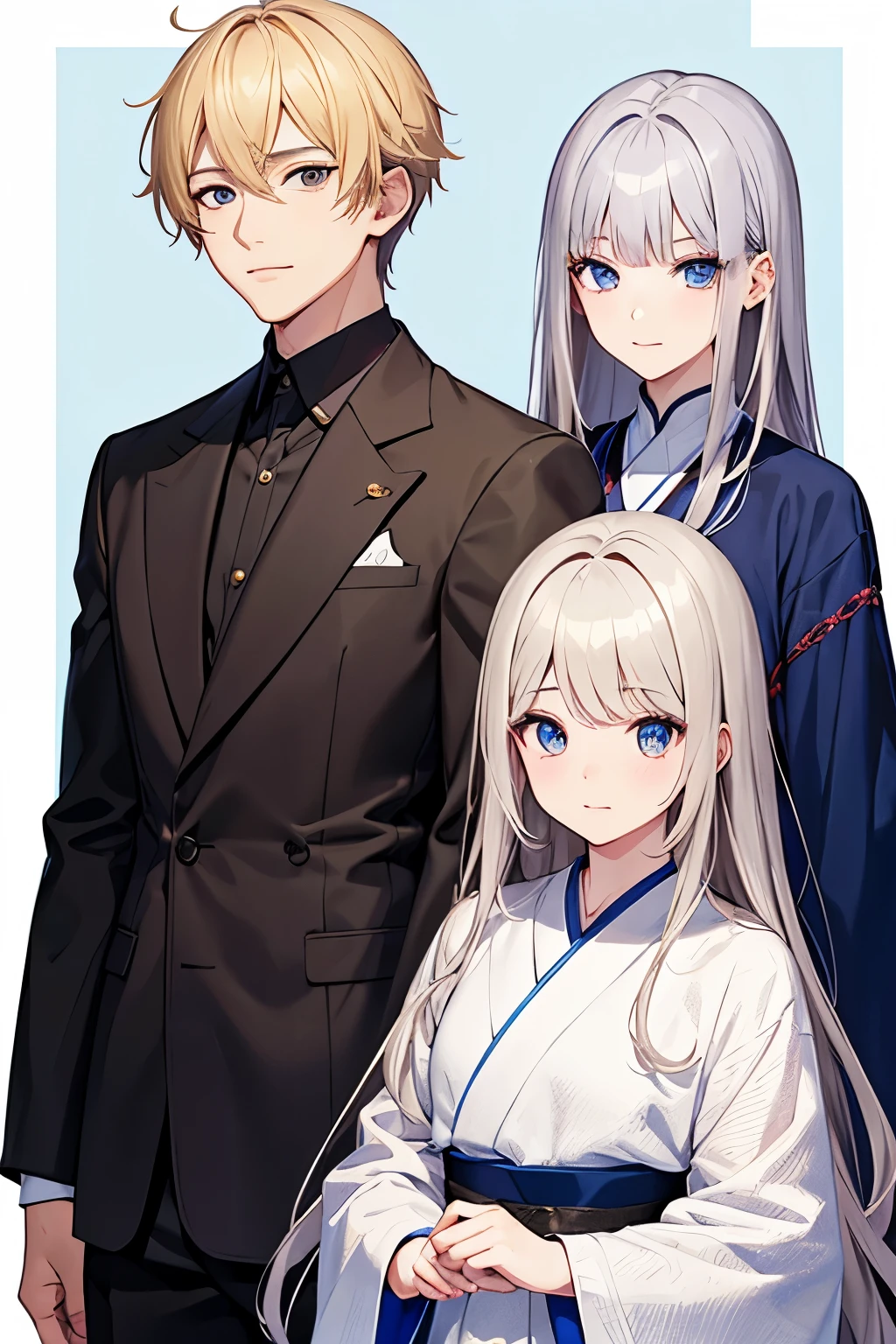 Korean man,171 cm height, brown eyes. silver hair, and Korean women,167 cm height, blonde, Blue eyes, (man and women on one picture)