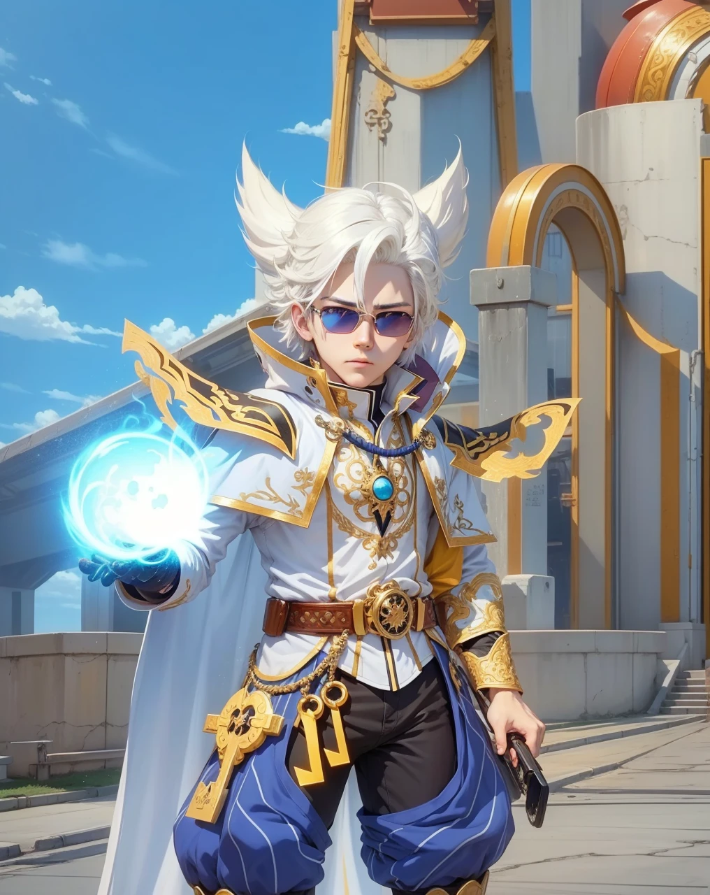 Anime, realistic, 1boy, Korea, white hair, 4k quality, Wear sunglasses