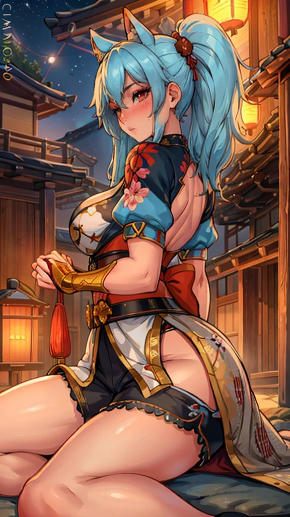 A beautiful woman, detailed red eyes, Long cyan light blue hair, during, She is wearing a white kimono with red details., some shorts, japanese village at night, front view, blush, perfect hands, good anatomy, curvy, she has a golden katana.